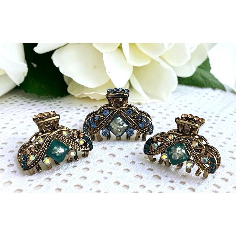 Vtg 90's 3 Metal Claw Hair Clips Blue Crystals Rhinestones Flowers Gold Tone